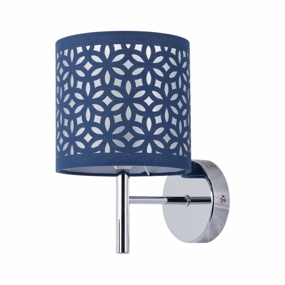 First Choice Lighting Brea Set of 2 Chrome Wall Lights with Blue and Silver Fabric Shades – 2