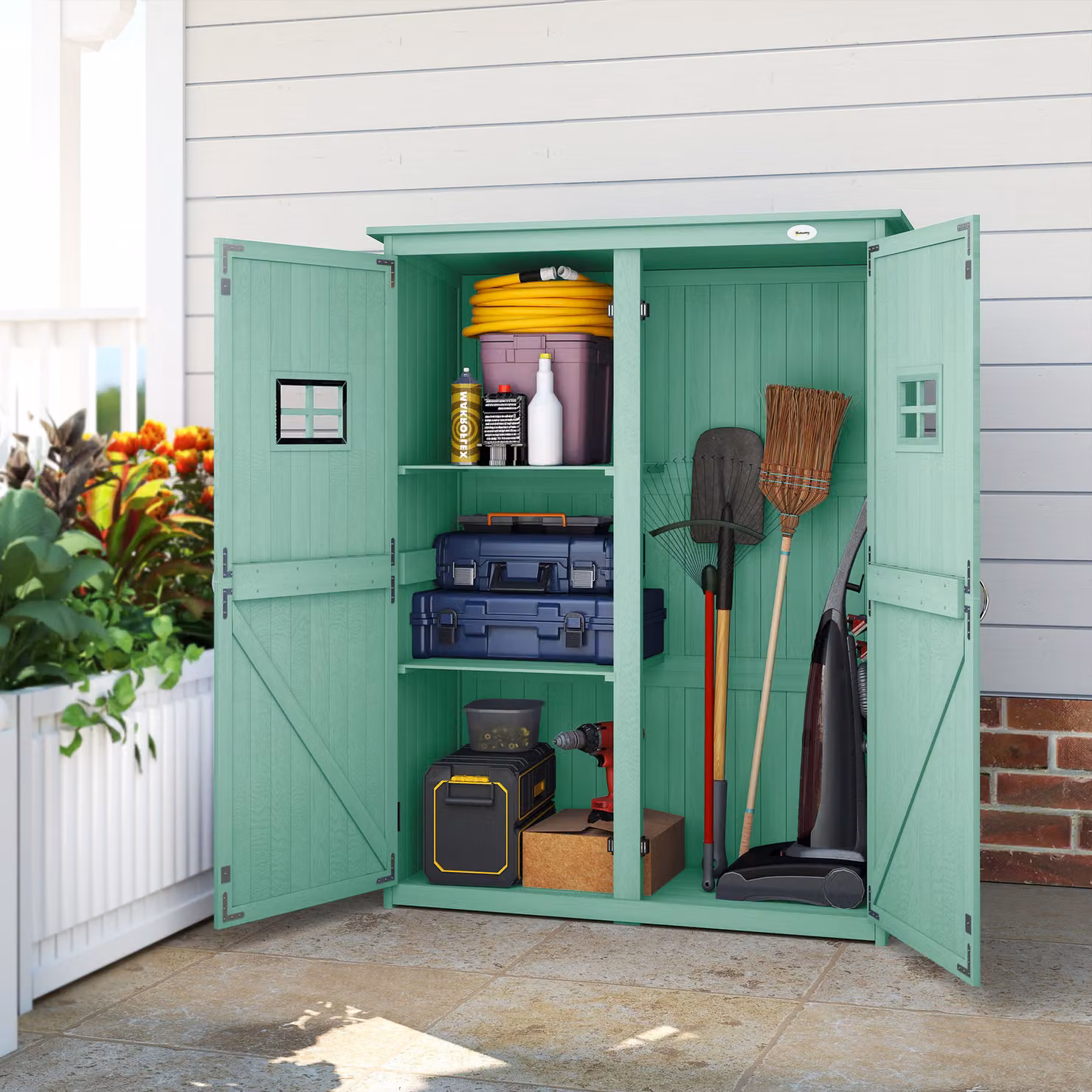 Outsunny Wooden Garden Shed with Double Doors, Two Windows and Internal Shelving, Green, W/D/H: 127.5 x 50 x 164 cm – 4