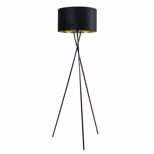 ValueLights Camden Tripod Floor Lamp in Gloss Black with Black Velvet and Gold Inner Shade – 1