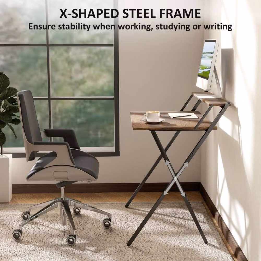 Wyld Haus Veeldi Folding Writing Desk in Rustic Brown with Raised Monitor Shelf – 6