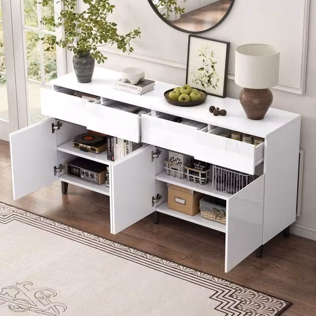 BTM White Glossy Storage Cabinet Sideboard with Drawers, Doors and Adjustable Shelves W/D/H: 160 x 40 x 68 cm – 1