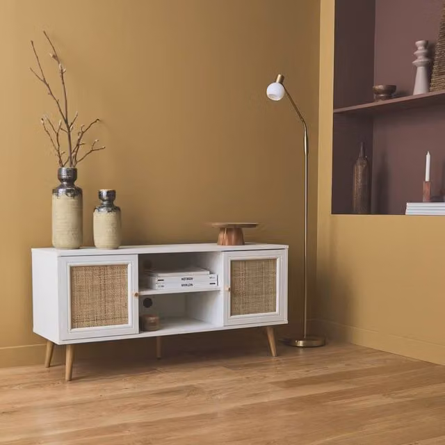 Sweek White Wooden and Cane Effect TV Unit with 2 Doors, Width: 120 cm