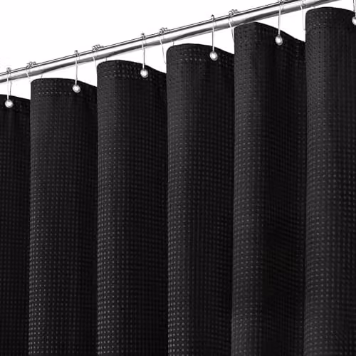 Inhousolu Black Waffle Weave Fabric Shower Curtain with Weighted Hem and Metal Hooks, W 183 x L 183 cm