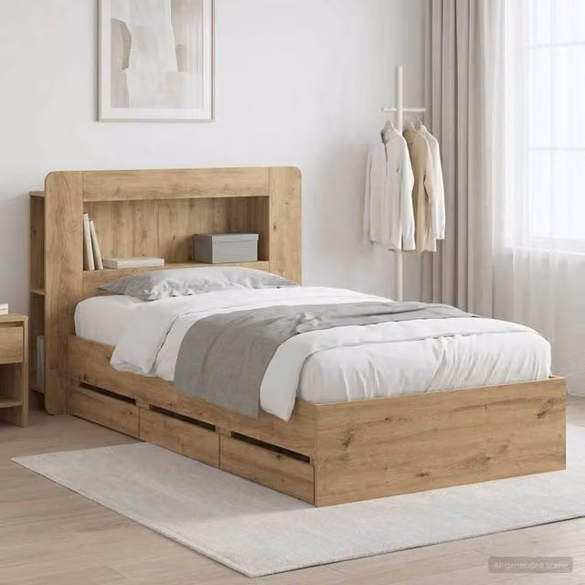 Berkfield Home Artisan Oak Bed Frame with Storage Drawers in Brown, W/D/H: 80 x 200 cm – 1