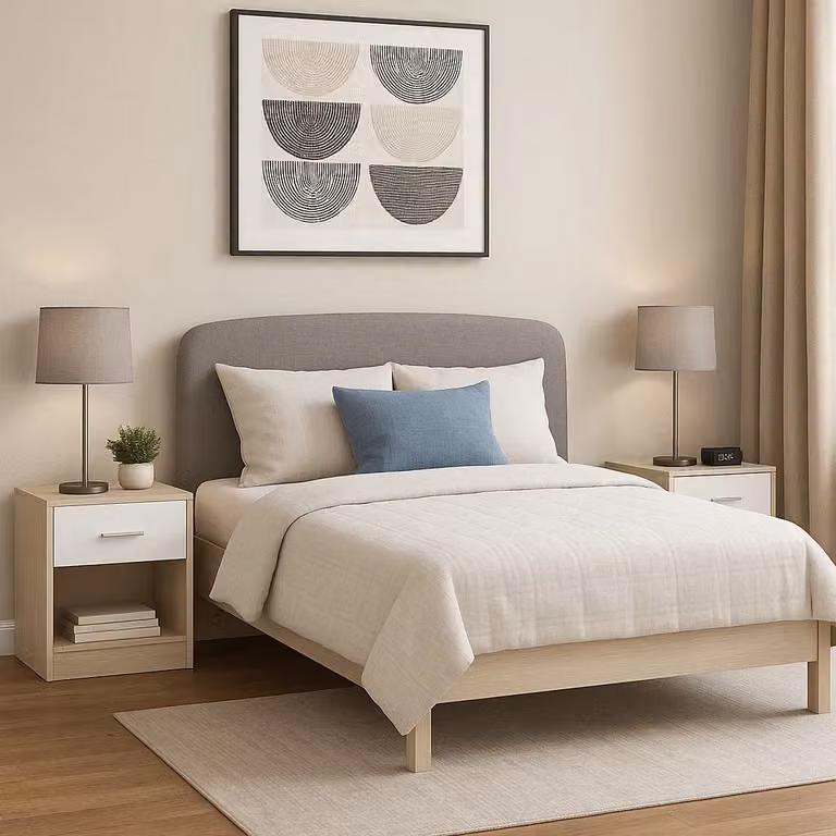 Modcraft Set of 2 Minimalist Lacquered Bamboo Bedside Tables in Beige and White