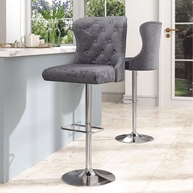 Komore Set of 2 Velvet Upholstered Adjustable Bar Stools in Silver and Grey
