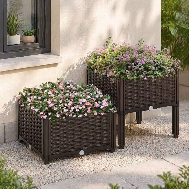 STILVORA Set of 2 Brown Self-Watering Raised Planters, 26L Capacity, W: 44 cm, D: 40 cm, H: 40 cm