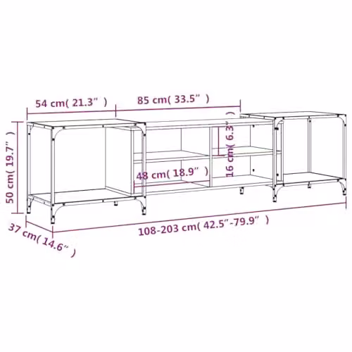 vidaXL Adjustable Industrial Style TV Cabinet in Brown with Shelves, Engineered Wood and Metal Frame, W/D/H: 203 x 37 x 50 cm