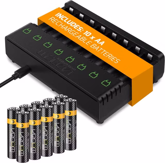 Venom 8-Way USB Charger with 10 x 1000mAh AA Batteries, Black