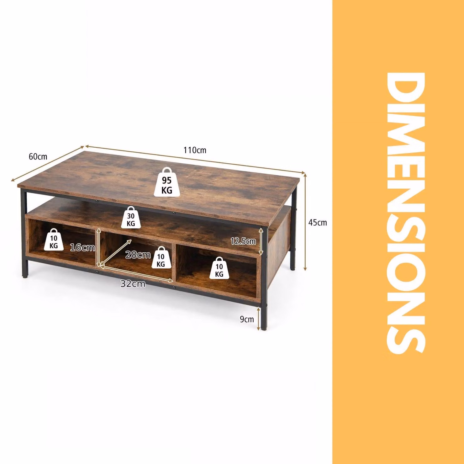 Pirlo Plush Industrial Wooden Coffee Table with Storage Shelves in Brown – 3
