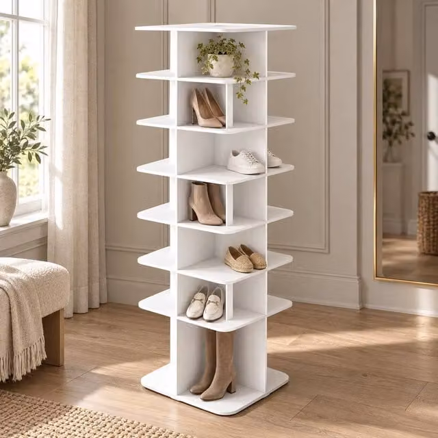 AKI HAUS 7-Tier White Rotating Square Shoe Rack with Tall Lower Section