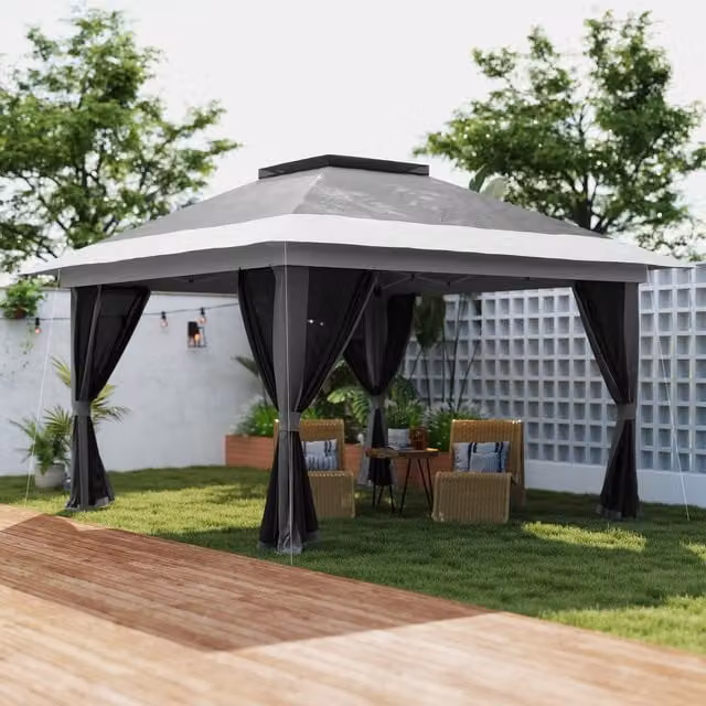 Outsunny Pop Up Gazebo with Mesh Sides and Sand Bags, Grey, W/D: 360 x 360 cm