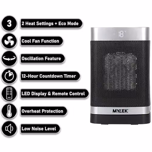 Mylek 1500W Ceramic Fan Heater with Remote Control and Tilt Protection, Silver and Black – 2