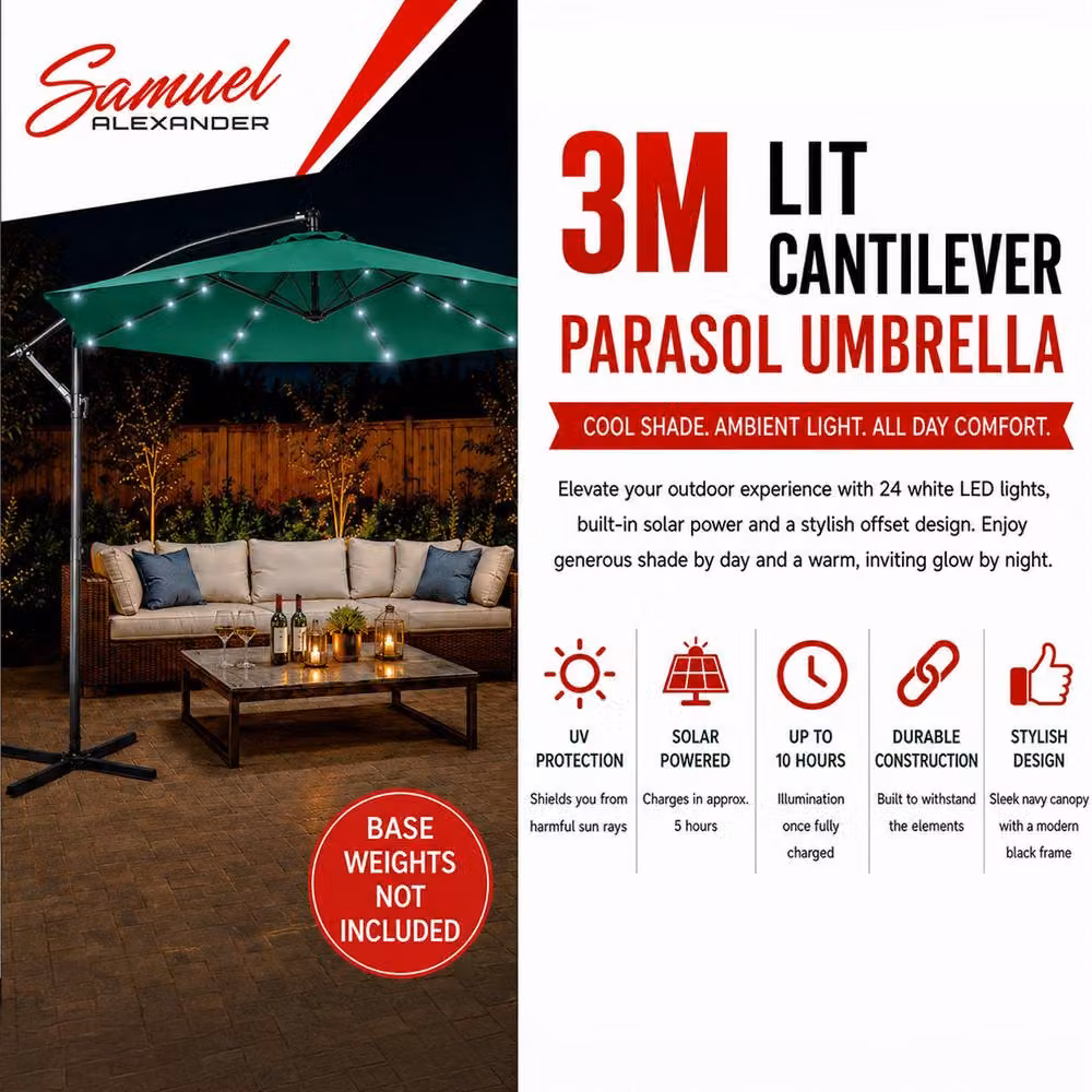 Samuel Alexander 3m Solar Powered Cantilever Banana Garden Parasol with White LED Lights in Green – 4