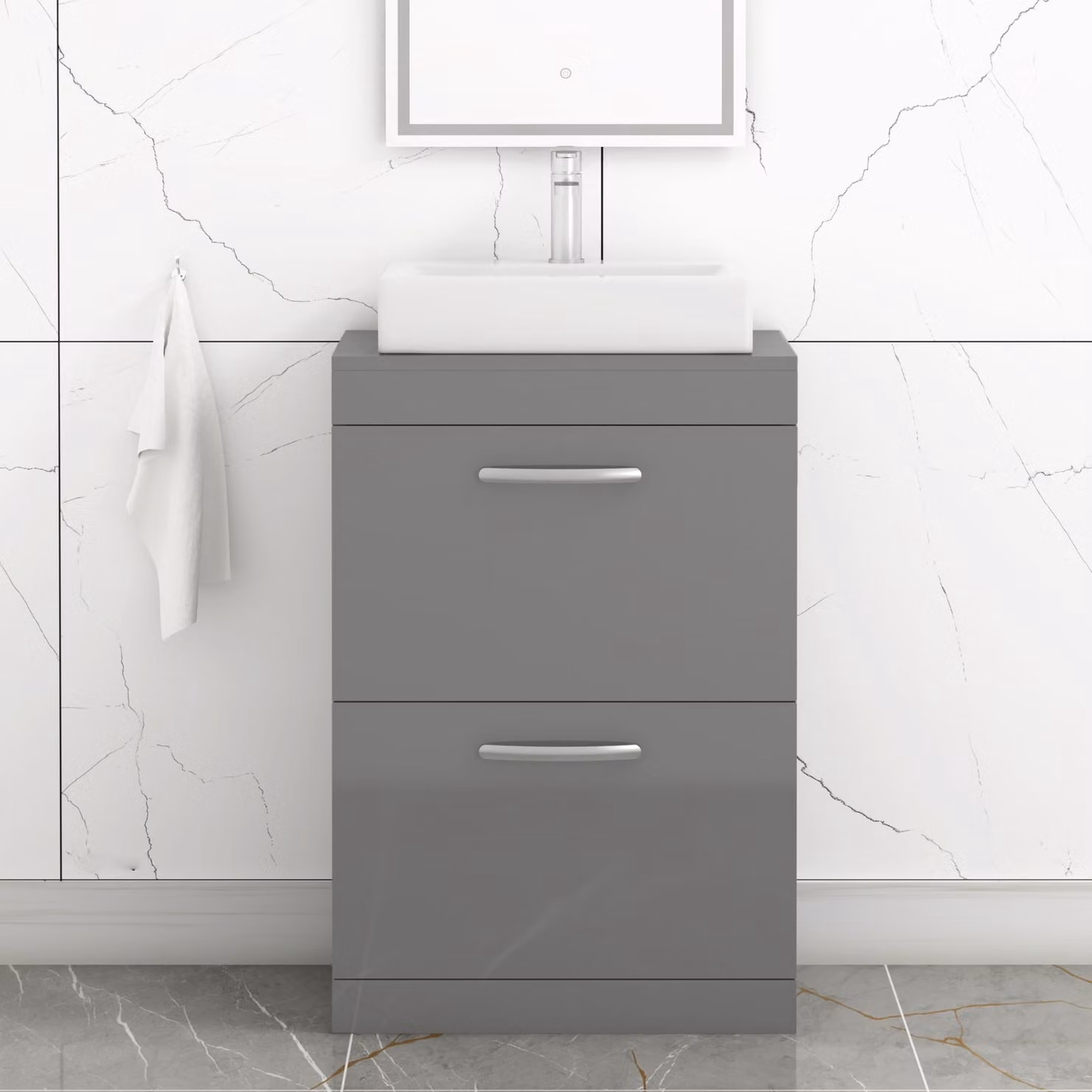 Royal Bathrooms Turin 600mm Floor Standing 2 Drawer Vanity Unit in Grey Gloss