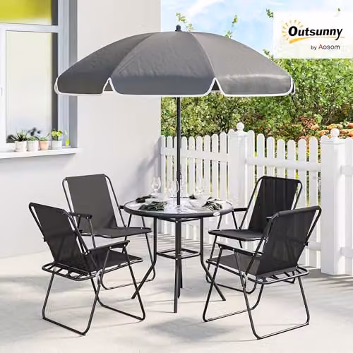 Outsunny 6 Piece Garden Furniture Set with Round Glass Table and Folding Chairs in Black – 2
