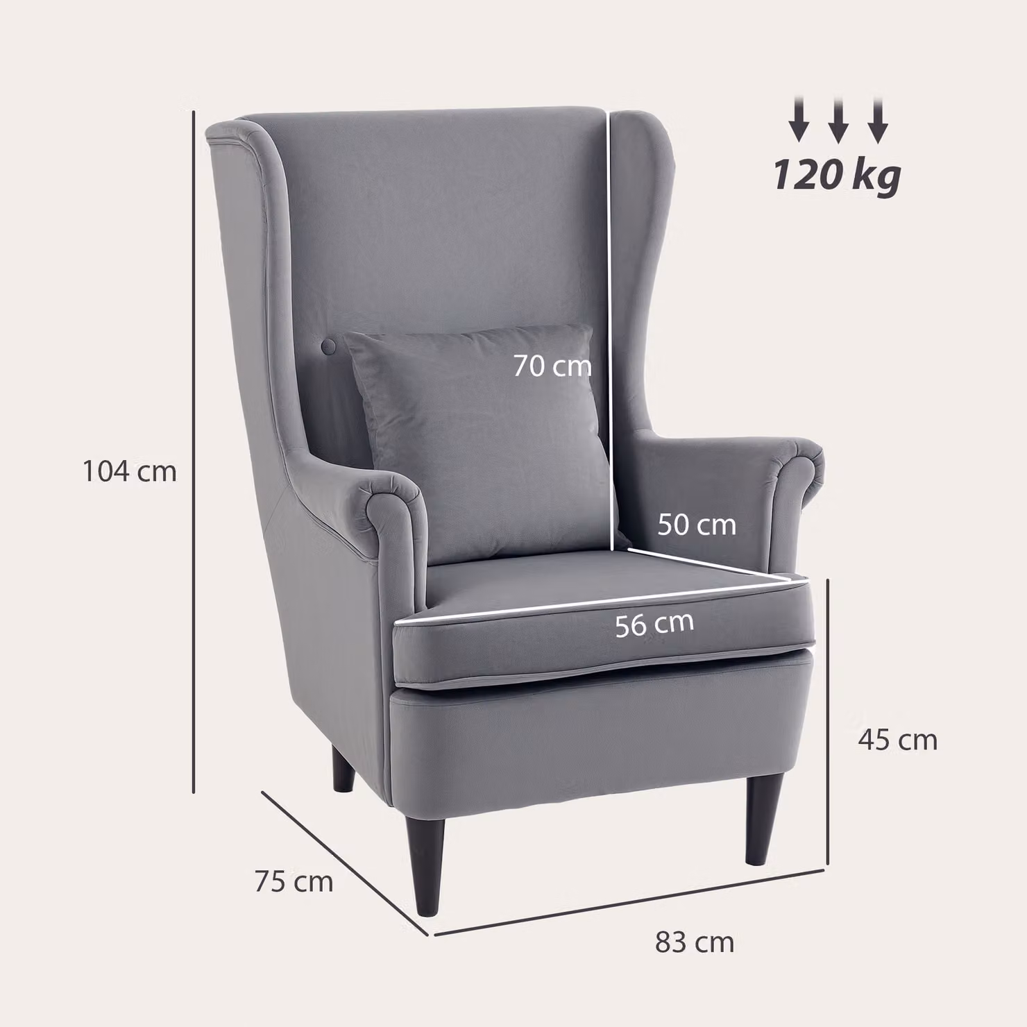 HOMCOM Dark Grey Velvet Wingback Armchair with High Backrest, Pillow and Solid Wood Legs – 3