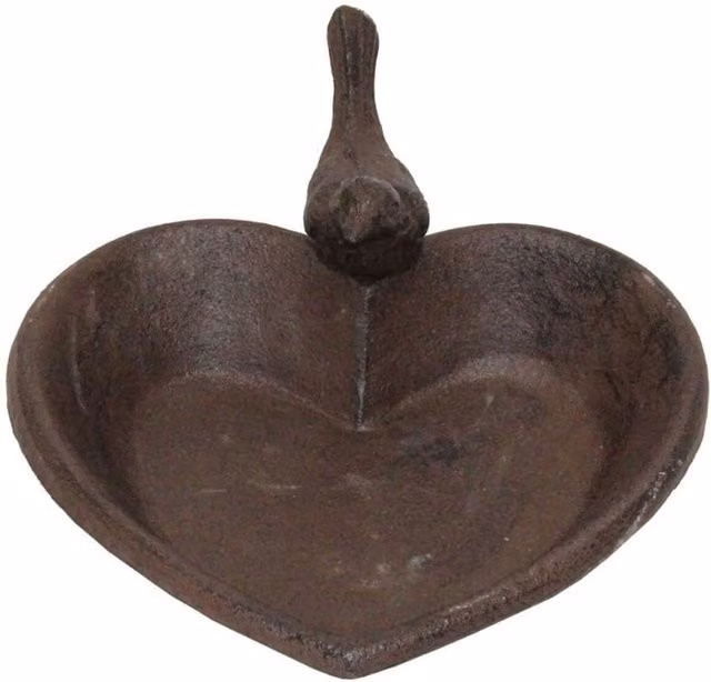 Homescapes Rustic Heart Cast Iron Decorative Bird Bath in Brown