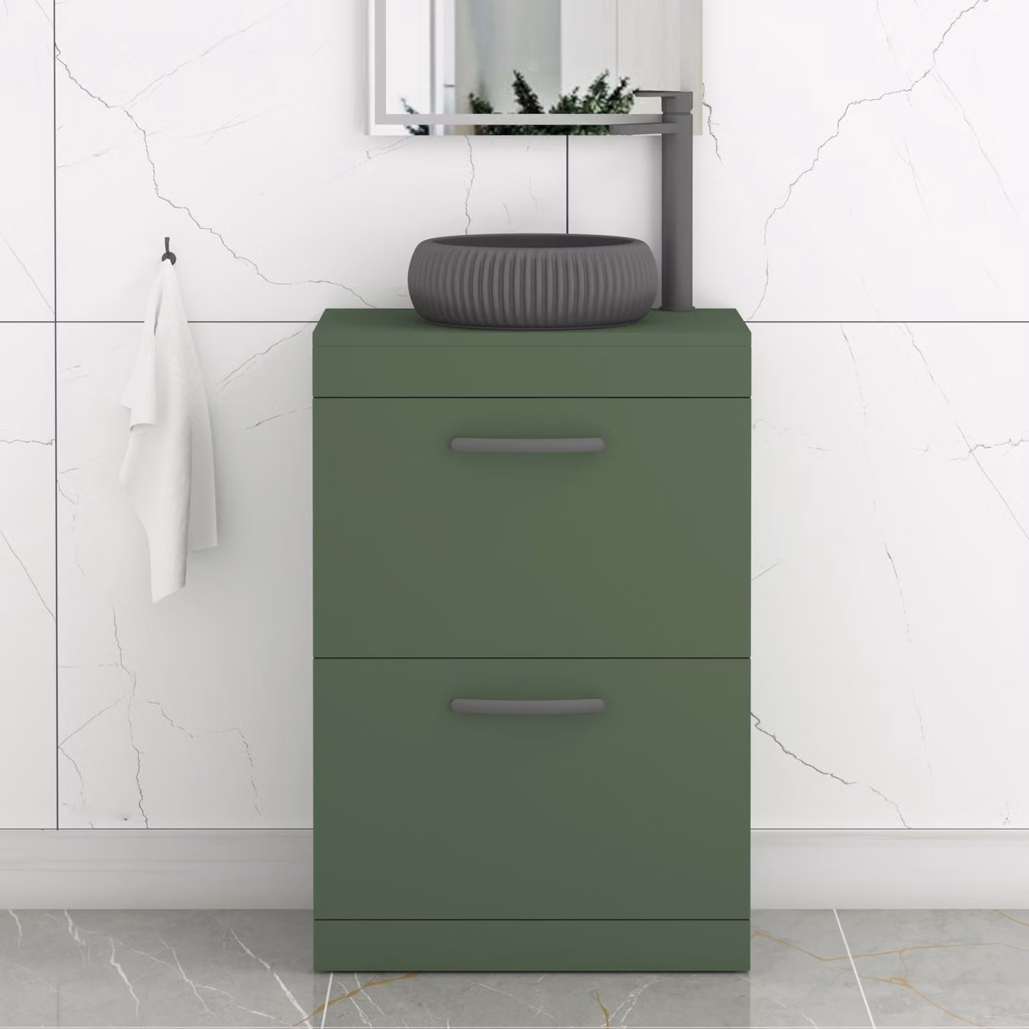 Royal Bathrooms Turin 500mm Floor Standing 2 Drawer Vanity Unit in Matt Green with Milan Black Countertop Basin and Matt Black Handles