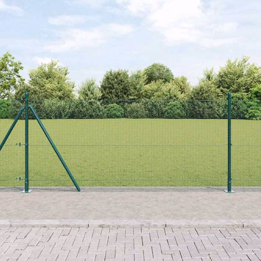 Berkfield Home Green Steel Welded Wire Fence with 7 Flanged Posts, W: 10 m, H: 0.8 m – 2