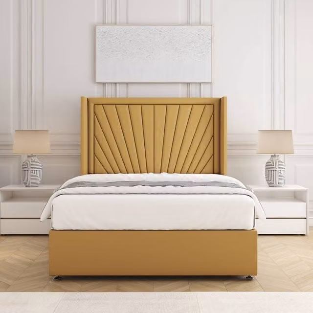 BSSPOKE Alina Divan Bed Set with 54 inch Headboard and Mattress in Mustard Yellow Plush Velvet, Super King, W/D/H: 200 x 200 cm