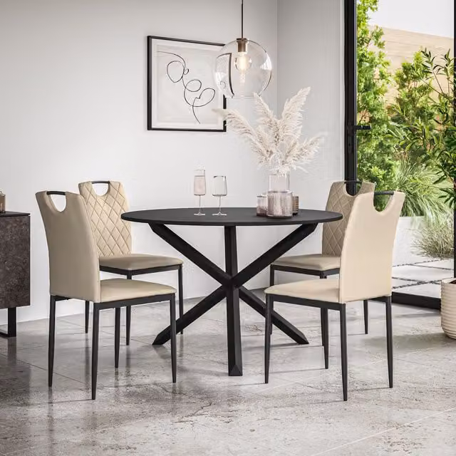 More4Homes Malvern Round Dining Table and Set of 4 Monza Faux Leather Chairs in Black and Beige, Diameter: 120 cm, Height: 75 cm