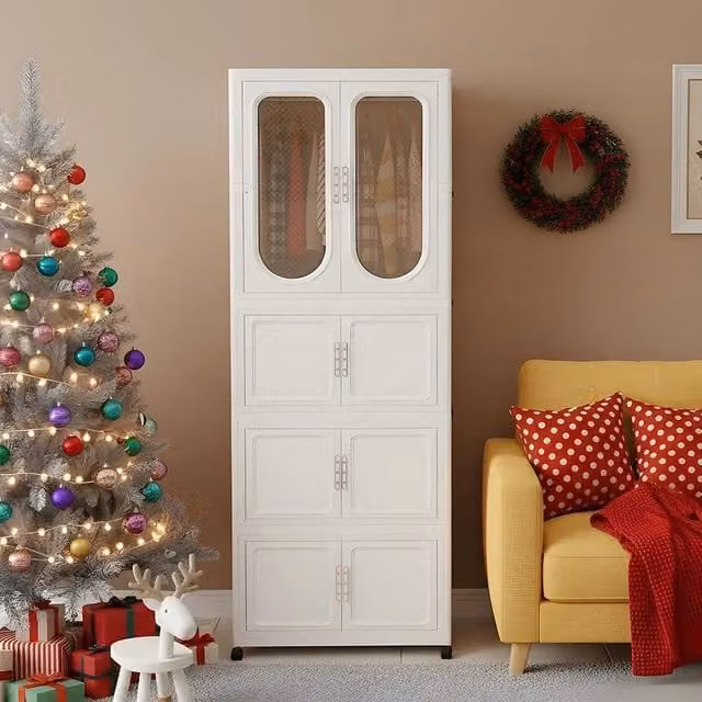 FORGEVIO Foldable 4-Unit Storage Cabinet Wardrobe with Wheels in White – 1