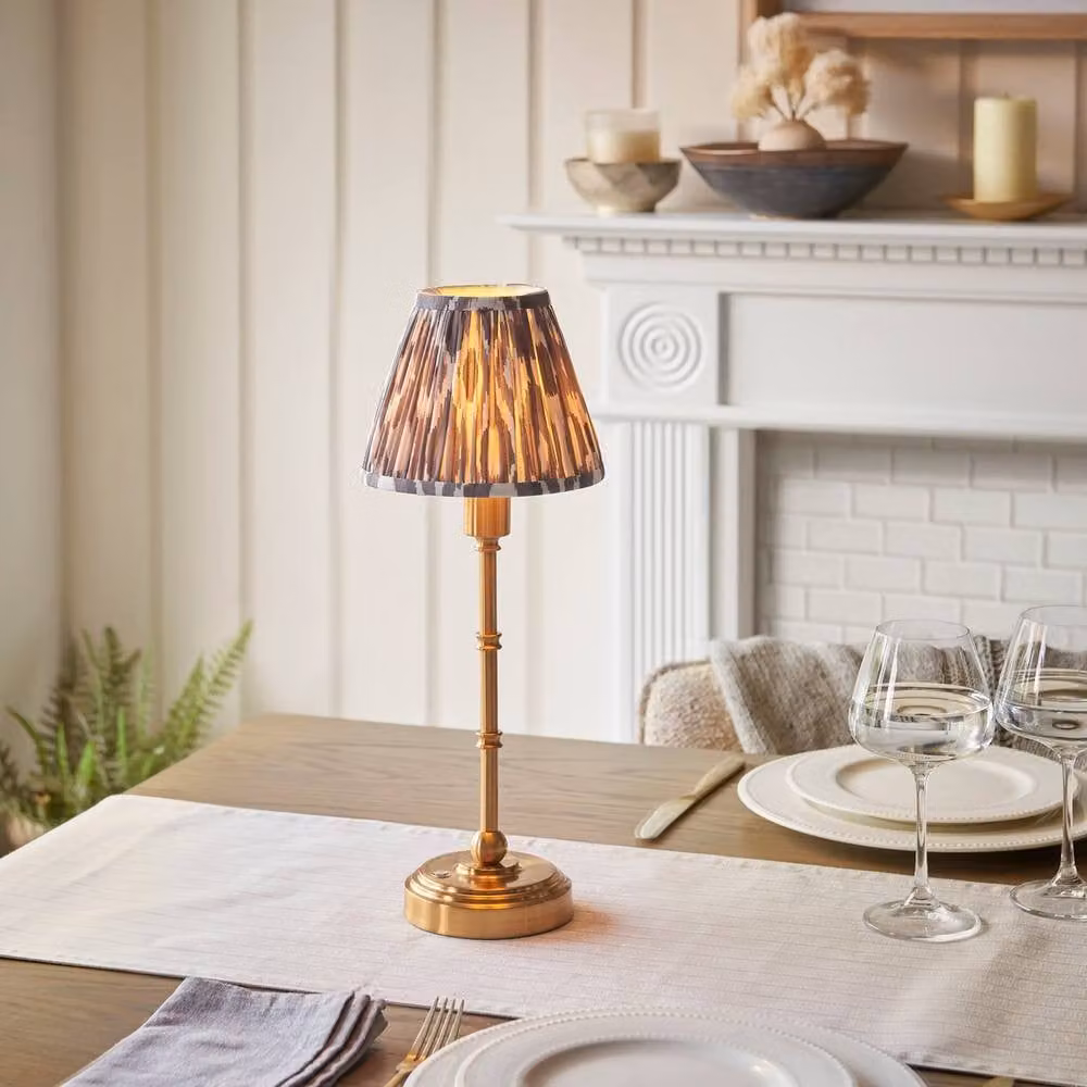 Netlighting Burley Rechargeable Dimmable LED Table Lamp with Grey Fabric Ikat Shade and Gold Brass Base – 2