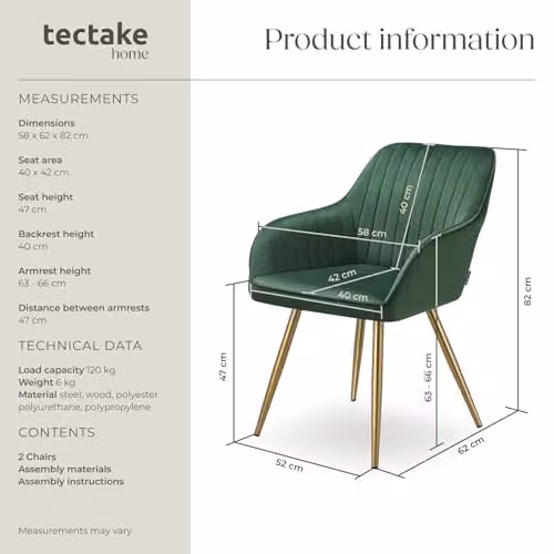 tectake Set of 2 Marilyn Dining Chairs with Velvet Fabric and Gold Metal Legs in Dark Green/Gold – 3