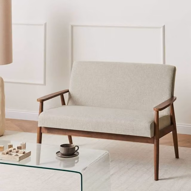 Wyld and Coco Mid-Century 2-Seater Velvet Upholstered Sofa in Grey and Brown with Wood Frame