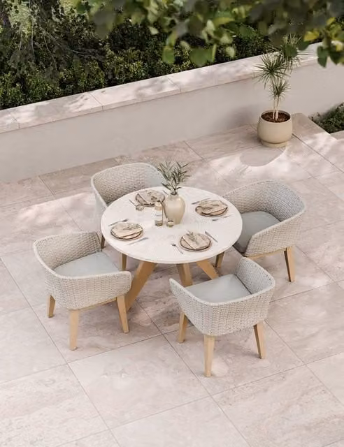 Royalcraft Astral 4 Seater Round Garden Table and Chairs Set in Acacia Wood and Concrete Beige and Multicolour