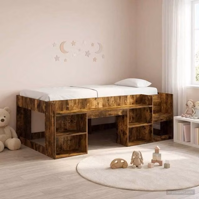 Berkfield Home Kids Bed Frame with Storage in Smoked Oak Brown, W/D/H: 90 x 190 cm
