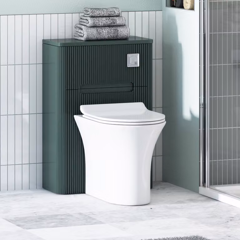 Avenza Moss Green Wall Mounted WC Unit with Breeze Rimless Ceramic Toilet Pan, Slim Soft Close Seat and Cistern, Depth: 55 cm
