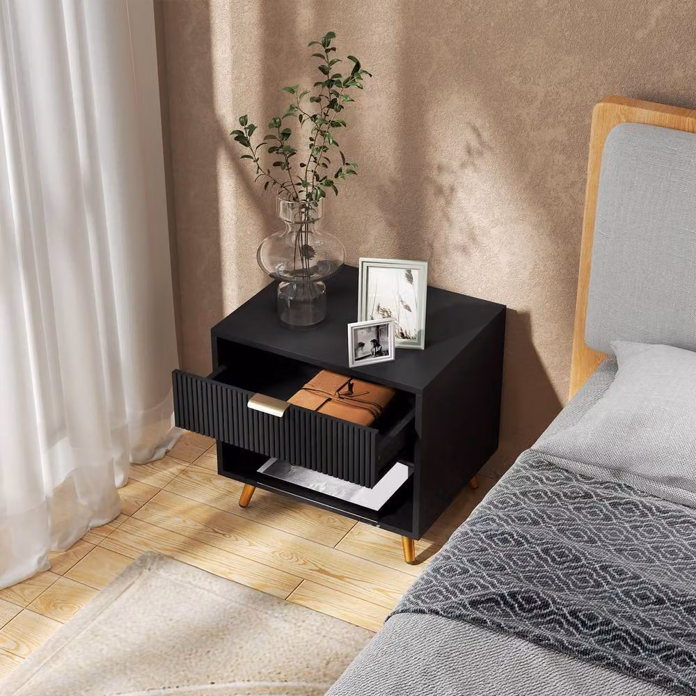 STILVORA Modern Bedside Table with Drawer and Shelf in Black and Gold – 8