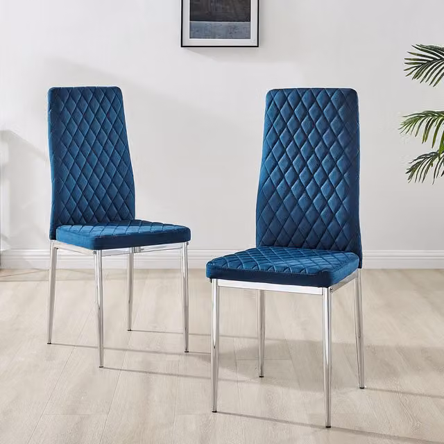 FurnitureboxUK Set of 6 Milan Velvet Dining Chairs in Navy Blue with Silver Metal Legs