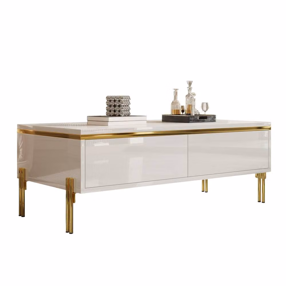 BTM Modern High Gloss Coffee Table in White and Gold, W: 100 cm, D: 50 cm, H: 36 cm – 2