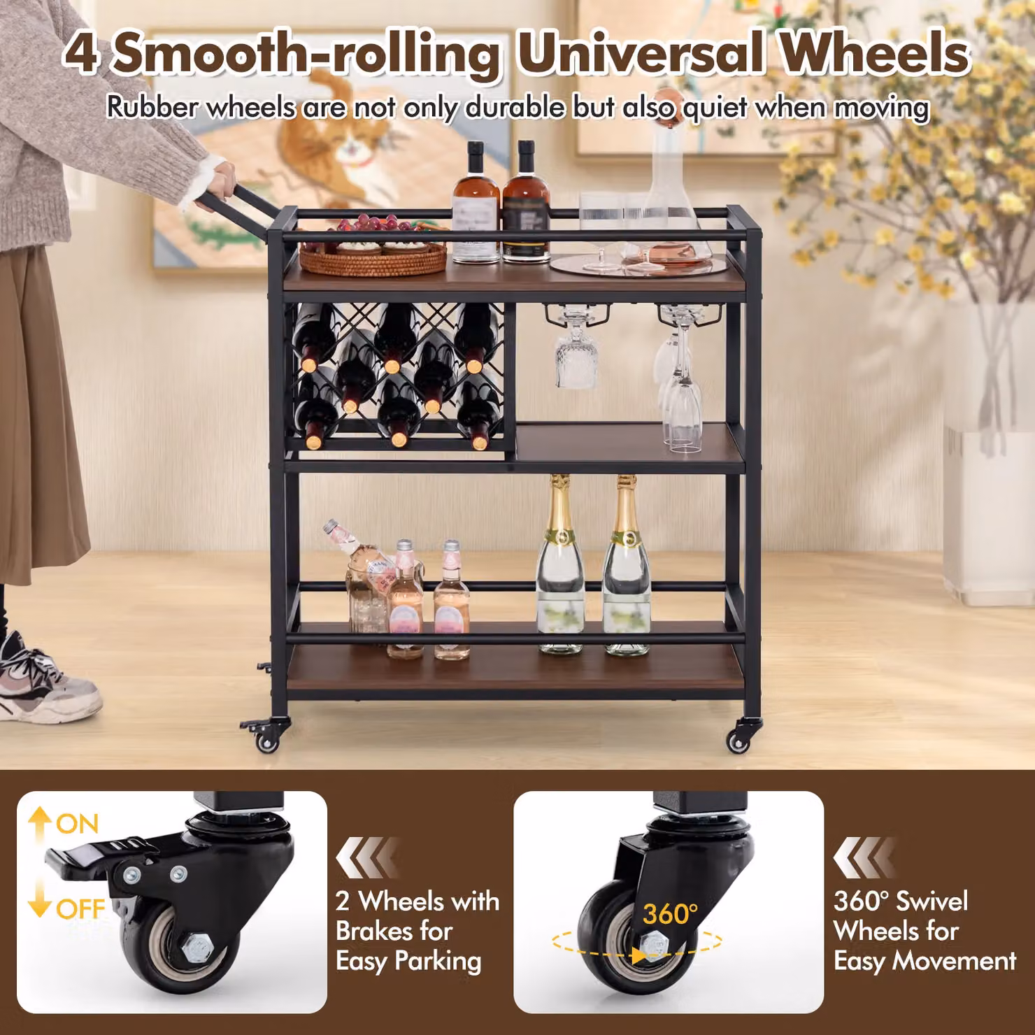 Costway 3-Tier Industrial Metal and Glass Kitchen Serving Cart with Wine Racks in Brown – 3