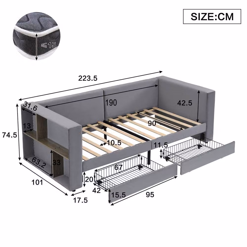 STILVORA 3ft Single Bed Frame with Storage Drawers in Grey Velvet, W/D/H: 90 x 190 x 200 cm – 2