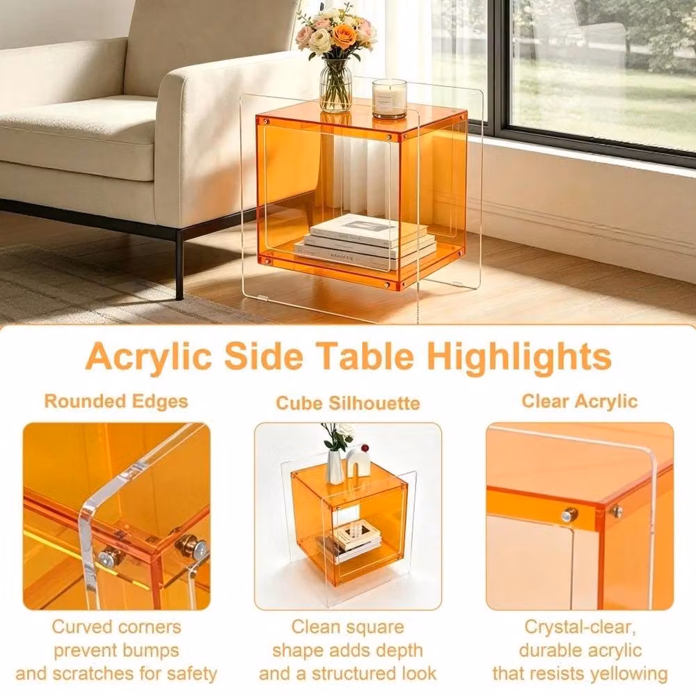 NESTLUNE Orange Transparent Acrylic Nightstand with Storage Shelf, W/D/H: 100 x 100 x 100 cm – 2