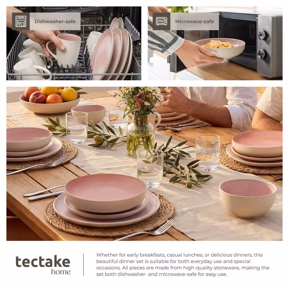 tectake Mare Glazed Stoneware Dinner Set for 6 People in Pink – 4