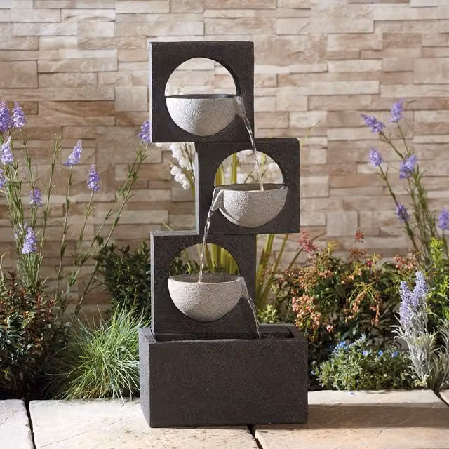 Serenity Modern Square Cascading Bowls Water Feature in Grey Granite-Effect Stone