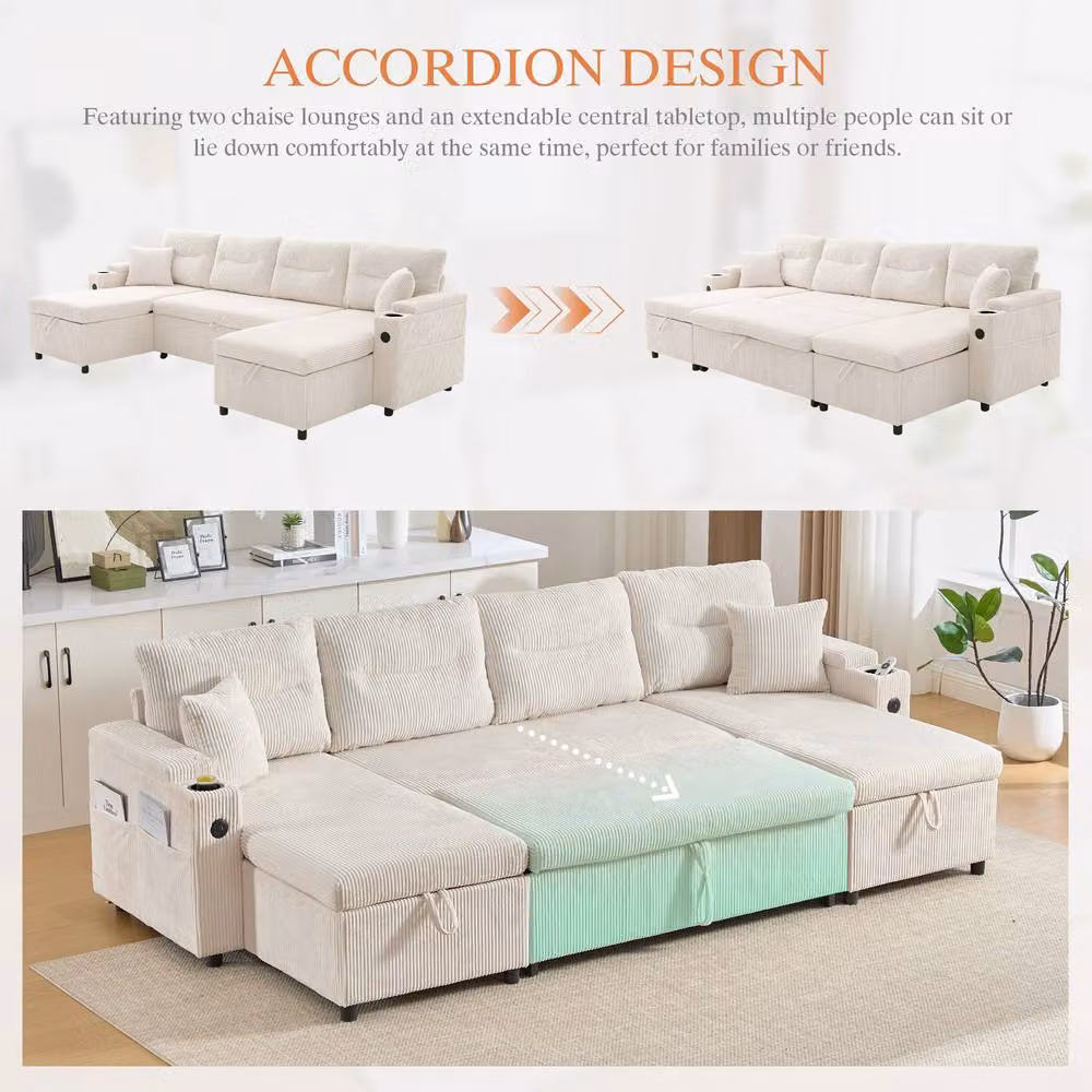 FENCHILIN 4-Seater L-Shape Pull-out Sofa Bed with Dual Storage Chaise Lounges and USB Charging, Beige Corduroy – 2
