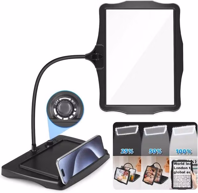 KORVIXA 10X Magnifying Glass Lamp with LED Light, Black Tabletop Task Lamp