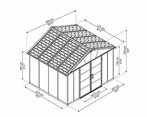 Palram Yukon Metal Tool Shed with Polycarbonate Panels and Double Doors, Grey, W: 332 cm, D: 271 cm, H: 252 cm – 6