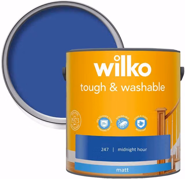 wilko Tough and Washable Matt Emulsion Paint Midnight Hour Blue 2.5 l