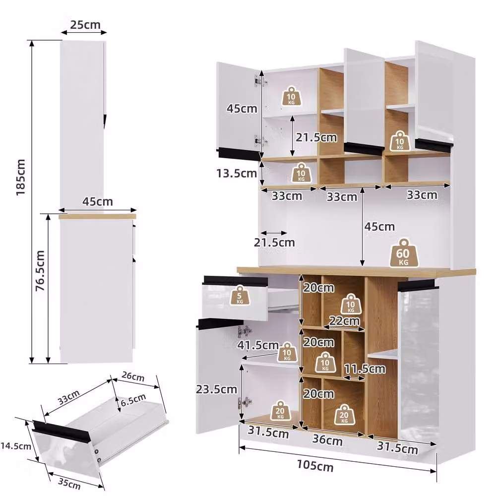 Rolipo High Gloss Tall Kitchen Buffet Sideboard in White with Internal Drawers and Shelves – 2
