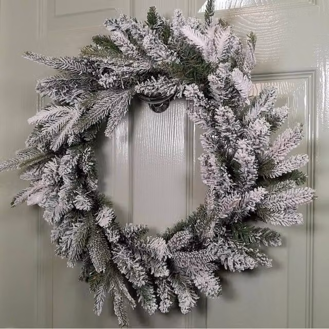FLAVORA Snow Flocked Green and Grey Christmas Wreath Decoration