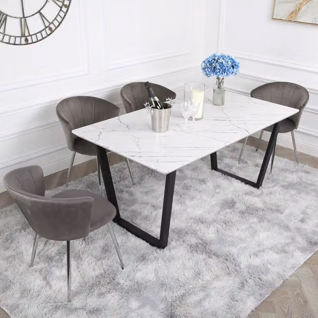Home Garden Direct Atlas Dining Table Set with 4 Grey Velvet Mill Chairs and Marble Top