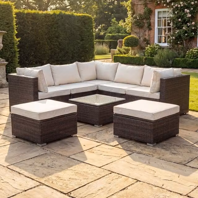 Artemis Home Oliena 7 Seat Modular Rattan L-Shaped Corner Garden Furniture, Brown, W/D/H: 202 x 72 x 67 cm