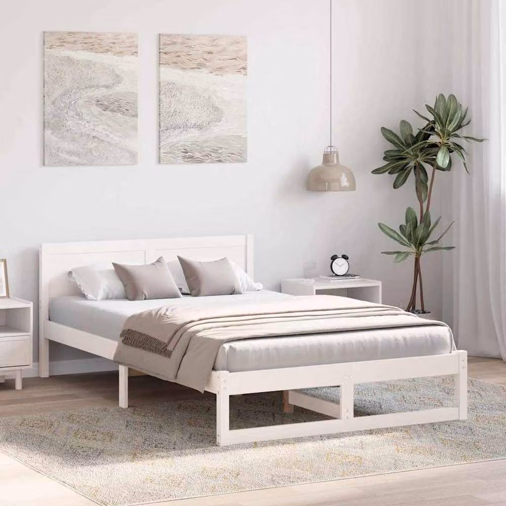 Berkfield Home Elegant White Solid Pine Wood Bed Frame W: 140 cm, D: 190 cm – 2